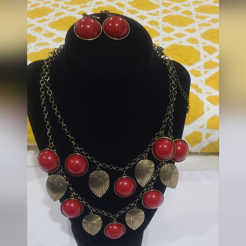 Antique Gold and Red Leaf Necklace and Earring Set-NEW